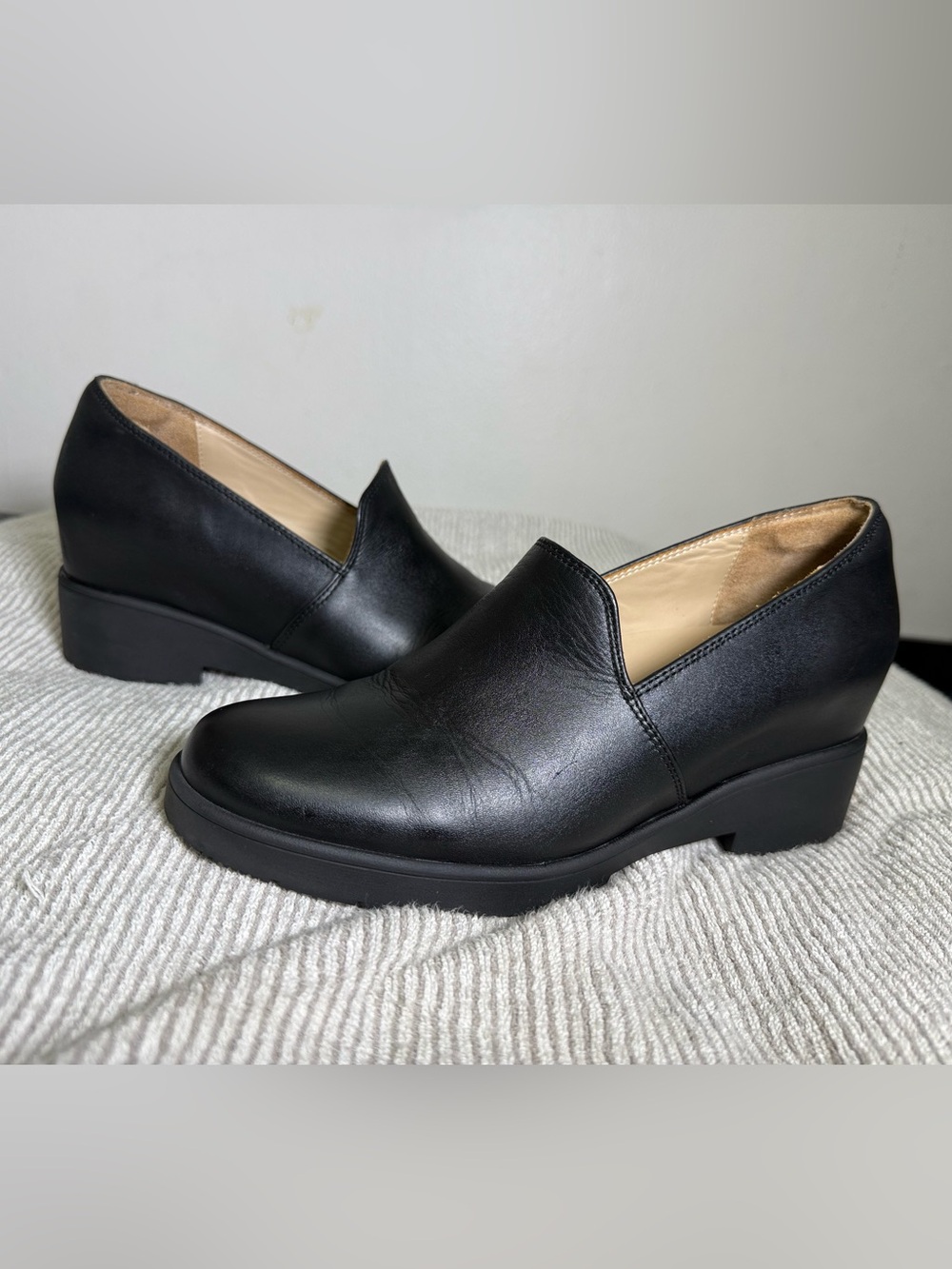 Abeo Black Leather Slip-On Wedge Loafers